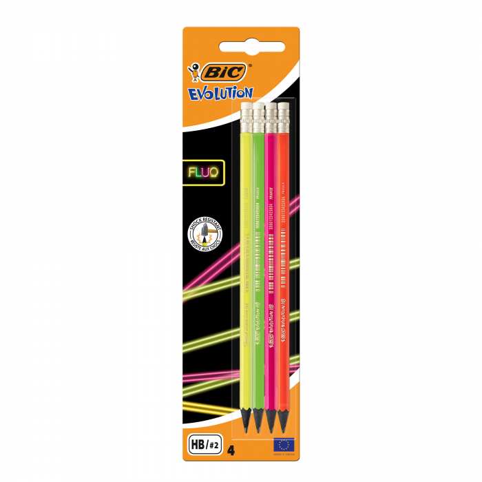 Pack de 4 Crayons graphites BIC fluo avec gomme