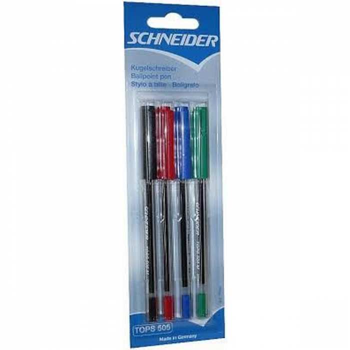 lot de 4 stylos schneider rouge, noir, vert et bleu.